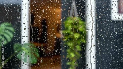 Rainy Day View Through Window with Plants.