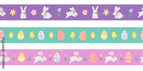 Easter seamless border with bunnies, eggs and chicks in pastel colors