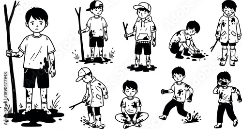 Black and white line art vector illustrations of muddy kids playing outdoors with sticks, sitting, running, and exploring puddles and dirt with expressions