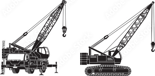 Black and white silhouettes of professional heavy crawler cranes isolated on white background for industrial building construction civil engineering and lifting service project concepts.