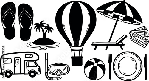 Black and white vector icons set of summer travel essentials flip flops, island palm, hot air balloon, camper, snorkel mask, beach ball, umbrella lounge, dining plate and tickets