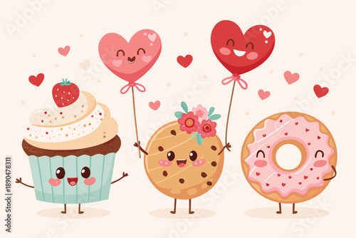 Cute Dessert Characters With Valentine Acce Professional Photo Suitable for Design
