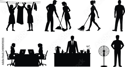 Silhouette people activity set, domestic chores, office work, casual standing poses, gender roles illustration, everyday life vector art