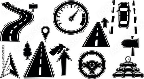 Black and white vector set of road signs speedometer steering wheel car highway navigation icons collection directional street symbols