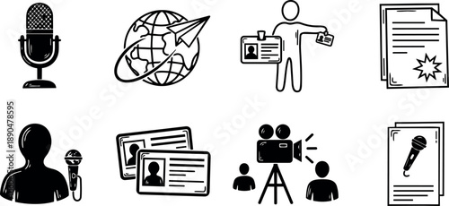 Black and white vector icons showing microphone stand, globe with paper plane, person holding id card, official certificate and video filming scene