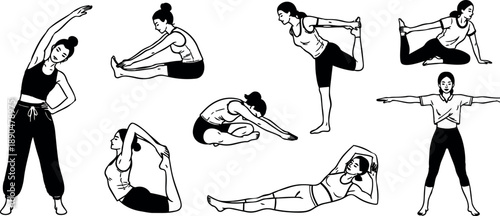Monochrome line art fitness woman performing diverse yoga stretching poses in workout clothes black and white style