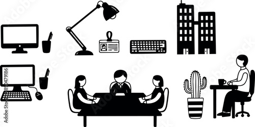 Flat design business office meeting with three people sitting at table computer keyboard desk lamp cactus and person working at desk vector icons
