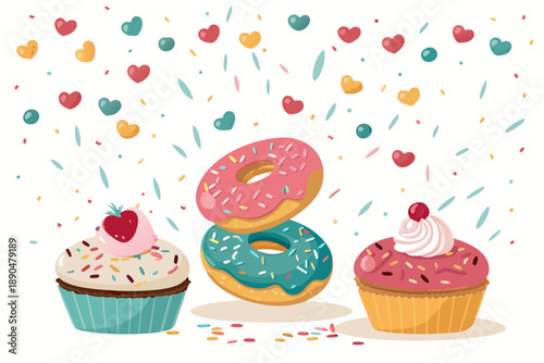Donuts And Cupcakes Raining With Sprinkles Professional Photo Ideal for Marketing