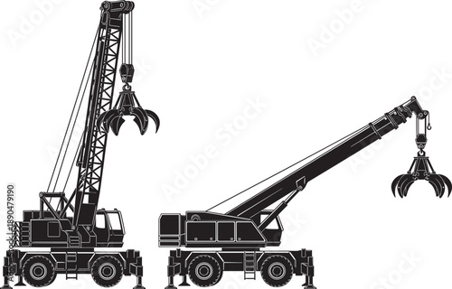 Black and white silhouettes of professional mobile material handler cranes with grapple attachments isolated on white background for scrap metal recycling and industrial waste management.