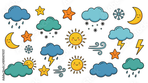 Cute Weather Doodle Icon Set with Sun, Clouds, Rain, Snow and Stars, weather, weather icons, weather set, forecast, meteorology, climate, season, seasons, sun, sunny, moon, stars, cloud, clouds, rain,