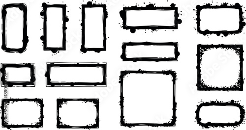 Grunge style black ink splatter rectangular frames set with rough textured edges isolated on white background ink blot borders collection