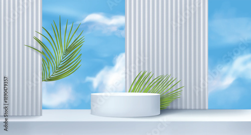 Podium, cloudy sky. White advertising pedestal. Cosmetic products mockup with blank showcase. Green leaf, empty platform. 3D presentation banner. Clean scene. Vector realistic exact minimal background