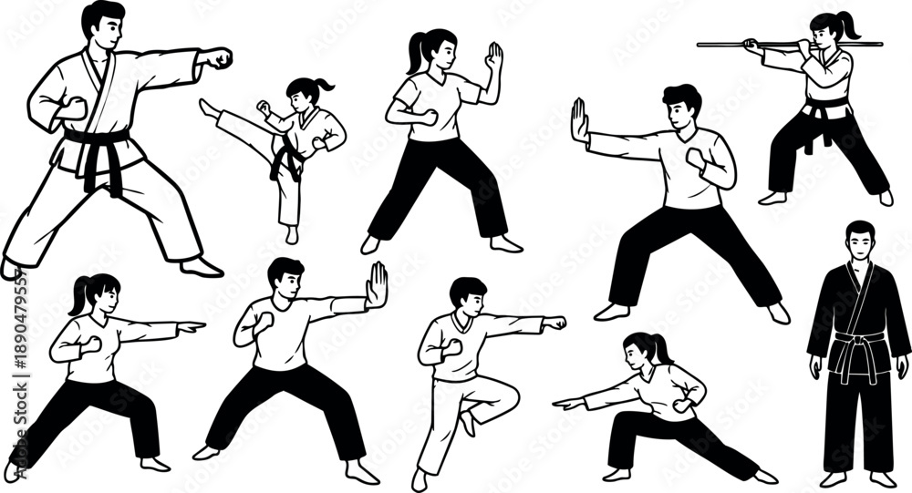 Fototapeta premium Black and white vector art of diverse martial artists practicing karate punches kicks and stances in dynamic action poses isolated on white background
