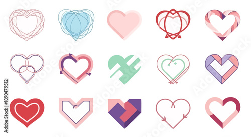 A Diverse Collection of Artistic Heart Illustrations Vector Graphics Set Featuring Various Unique Styles from Geometric to Abstract Outlines, Perfect for Love and Romance-Themed Designs
