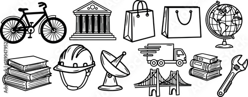 Hand drawn black and white vector icons including bicycle, classical building, shopping bags, globe, books, construction helmet, satellite dish, delivery truck, suspension bridge, and wrench