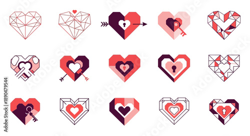 Geometric heart shapes with key and arrow elements, symbolizing love and relationships