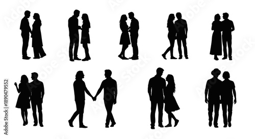 A conceptual collection of diverse silhouette couples in various poses, representing human connection, love, and togetherness. Ideal for illustrating relationships and partnership dynamics