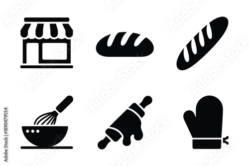 Baking and Bakery Icons Shop, Bread, Rolling Pin, Mittens
