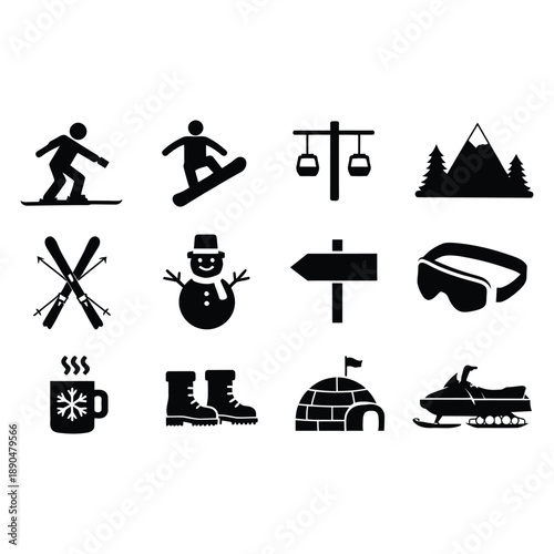 Winter Sports Icons: Skiing, Snowboarding, Snowman, Mountains, Hot Drink, Boots, Igloo