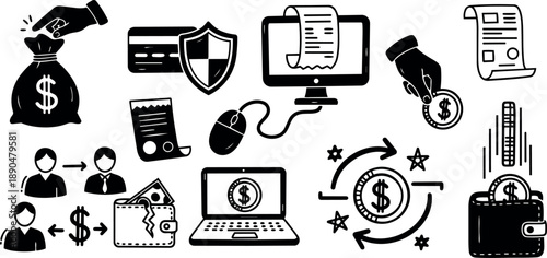 Black and white vector icons of money bag hand holding coin laptop financial transaction computer mouse security shield concepts