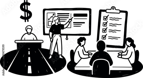 Black and white vector art of businesswoman presenting financial growth and team discussing checklist in office meeting room illustration
