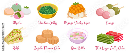 Indonesian food. Thai dessert. Asian cake. Traditional snack. Healthy menu. Nutrition drawing. Colorful dish. Kulfi and dango. Japanese mochi. Mango rice. Local cafe. Vector oriental sweet meals set