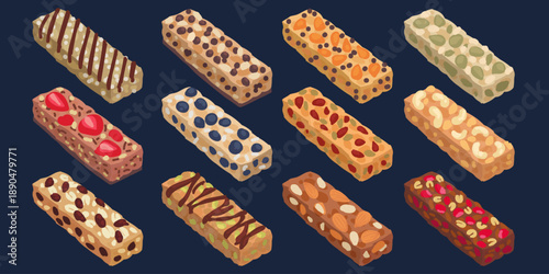 Protein bar. Muesli fitness food. Granola snack. Oat flakes. Chocolate candy. Diet delicious sweets. Sport energy nutrition. Cereal dessert with dried fruits. Berry and nuts. Vector healthy meal set