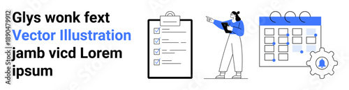 Businesswoman points at calendar with gear icon, clipboard checklist nearby. Ideal for productivity, organization, planning, workflow, time management, scheduling, simple landing page
