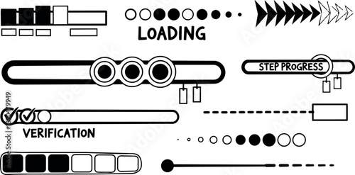Black and white vector progress bars loading verification step progress indicators set horizontal layout minimalist design