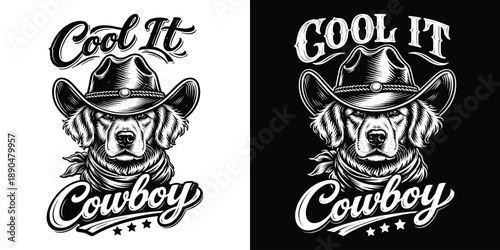 Cool It Cowboy: Vintage Monochrome Dog with Hat and Bandana Vector Illustration.