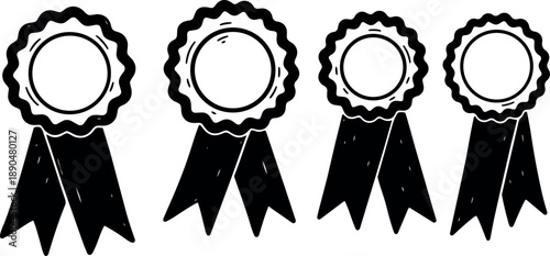 Black and white hand drawn rosette ribbon awards four different sizes in flat design isolated on white background