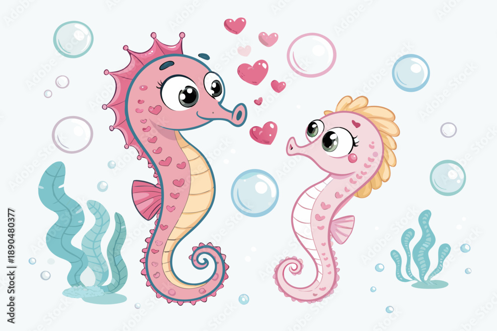 Obraz premium Kawaii Seahorse Couple Surrounded Bubble Premium Digital Asset Great for Commercial Projects