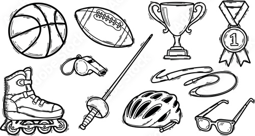 Hand drawn line art collection of sports equipment with basketball, football, rollerblades, whistle, fencing sword, trophy, medal, helmet, jump rope, and sunglasses