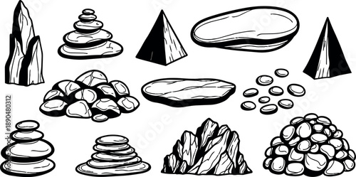 Black and white line art set of various stacked and scattered stones with pyramids and rocky formations in natural arrangements
