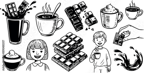 Black and white vintage style chocolate bars with splashes and happy kids drinking hot coffee cups vector art collection