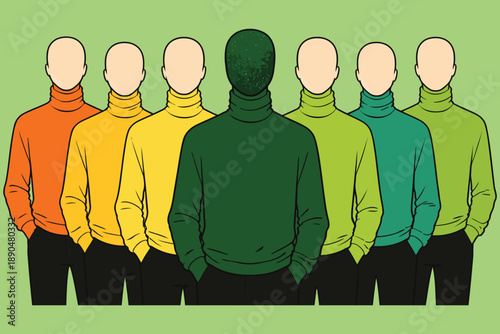 Group of people in colorful turtlenecks, one different