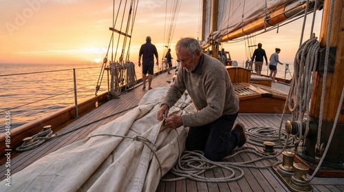 Elderly man folding sail on yacht deck during sunset at sea  