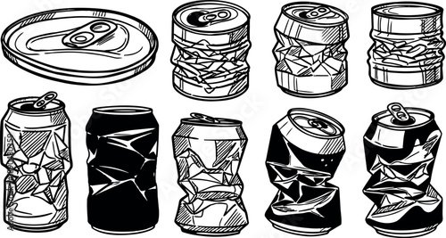 Black and white line art collection of crushed soda cans and can tops set isolated on white background