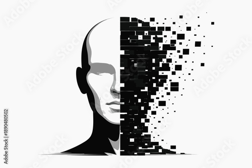Human head dissolving into digital data cubes, concept of AI and technology