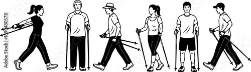 Black and white vector art of six diverse people walking and stretching with nordic walking poles in various poses and outfits