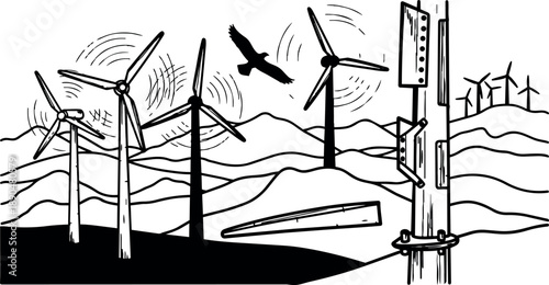 Black and white line art wind turbines spinning on hills with detailed windmill tower and soaring bird silhouette illustration
