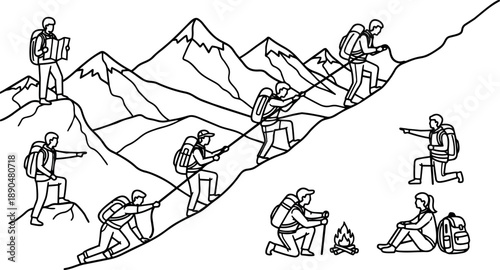 Line art mountain climbers trekking steep slopes using ropes backpacks map and camping with campfire on rocky terrain