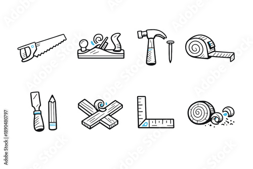 Collection of hand-drawn carpentry tools and woodworking elements on a black background