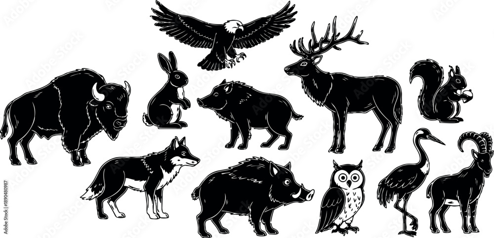 Naklejka premium Detailed black and white vector art of wild animals including buffalo, eagle flying, rabbit standing, boars, deer, wolf, owl, squirrel holding nut, heron, and mountain goat illustrations