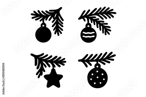 Black silhouette icons of fir tree branches decorated with Christmas ornaments and baubles