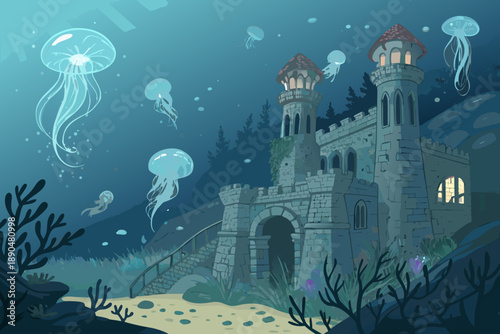 Showcasing Underwater Castle Surrounded Glowing Jel Stunning High-Quality Stock Image