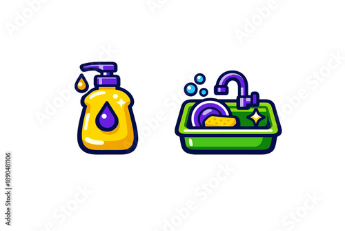Dishwashing soap bottle and kitchen sink with dirty dishes and sponge cleaning icons