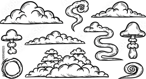 Hand drawn line art smoke and cloud shapes set with mushroom explosion and swirls collection in black outline style
