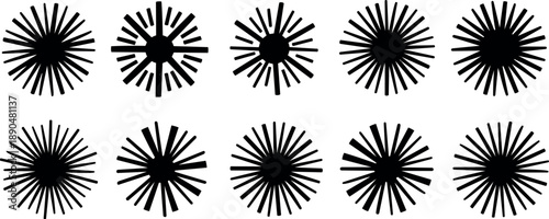 Black radial burst shapes set with varied spoke thickness and symmetrical geometric design in vector art collection