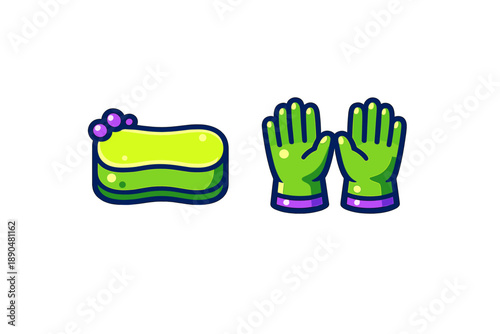 Bright green cleaning sponge with soap bubbles and protective rubber gloves